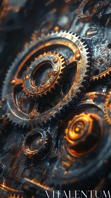 Macro view of interlocking brass clockwork gears in patina