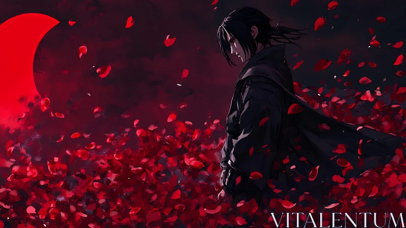 Anime nocturne with red eclipse and drifting petals composition.