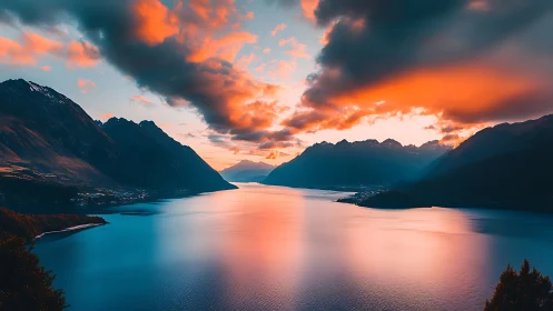 Sunset-lit fjord stretches between shadowed mountain ranges.