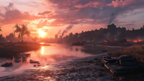 War-torn riverfront soaked in ember pink apocalypse light.