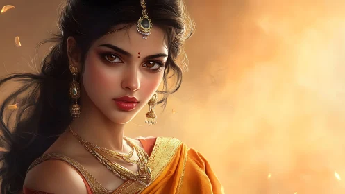 Elegant Indian woman in traditional attire, digital art portrait.
