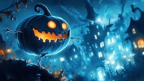 Cackling moonlit pumpkin stalks a haunted neon village.