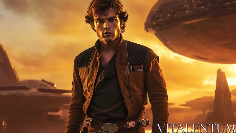 Sunset rogue strides beneath hovering starbound titan.