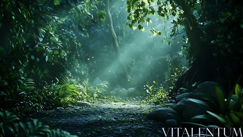 Subcanopy Radiant Pathway: Luminous Forest Grotto Interior Study.