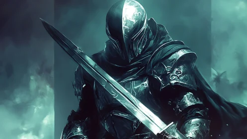 Dark armored knight holds sword before misted teal void