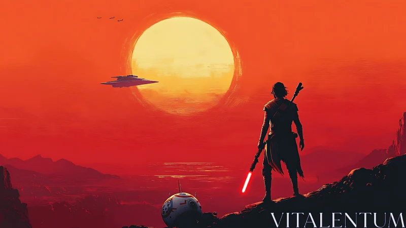 Silhouetted figure with droid observing spacecraft at sunset.