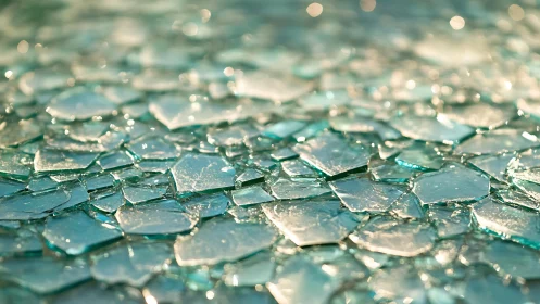 Close-up of Broken Glass Shards with Soft Light Reflection.