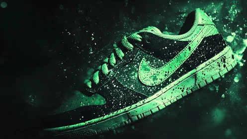 Neon sneaker comets through splattered cosmic green night