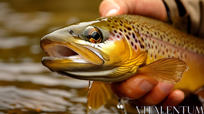 Macro close-up of wild brown trout in angler’s wet hand