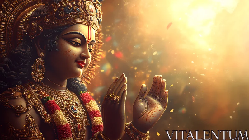 Divine Hindu goddess idol in golden light and prayerful grace.