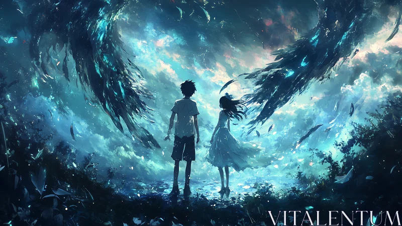 Two friends step into a swirling sky of impossible light.