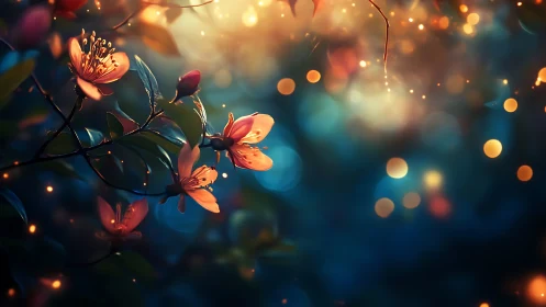 Orange Flowers with Bokeh Lights Against Blue Background