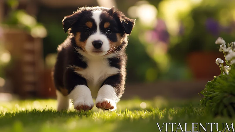 Photorealistic puppy portrait in shallow-depth garden light.