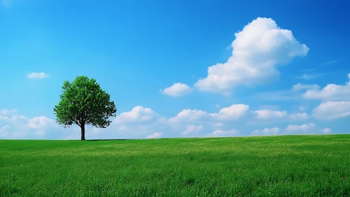 Lone Green Tree on Open Field Under Blue Sky, Minimalist Nature.