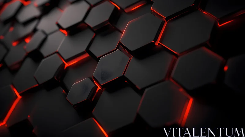 Futuristic black hexagonal pattern with glowing red highlights.