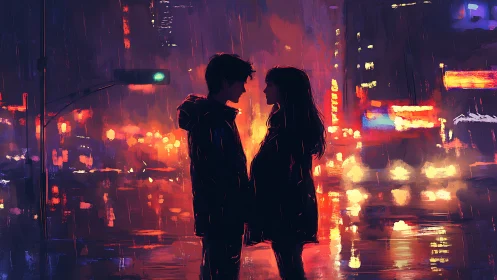 Silhouetted Figures Against Neon-Lit Urban Dystopia With Warm Color Palette