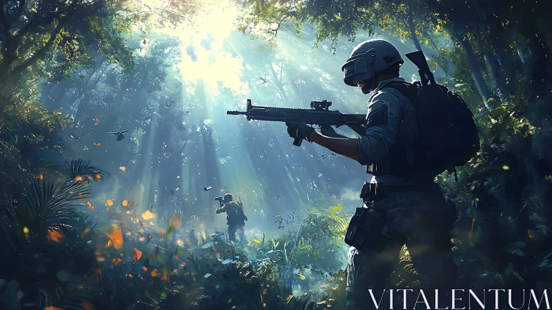 Sunlit jungle ambush freezes soldiers in a blue-green hush