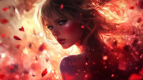 Backlit female portrait framed by dynamic ember and petals field