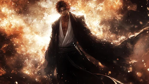 Bladewalker strides through burning starlit inferno storm.