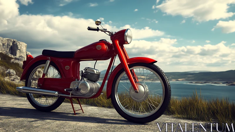 Crimson vintage motorbike poised above sunlit coastal cliffs.