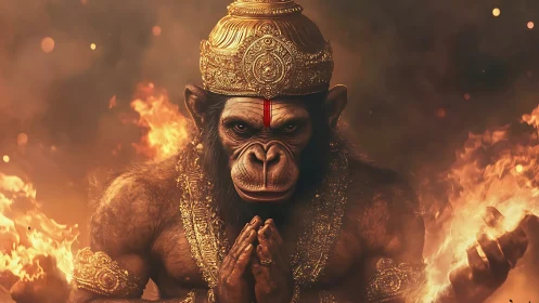 Divine simian warrior in ornate crown commands ritual fire