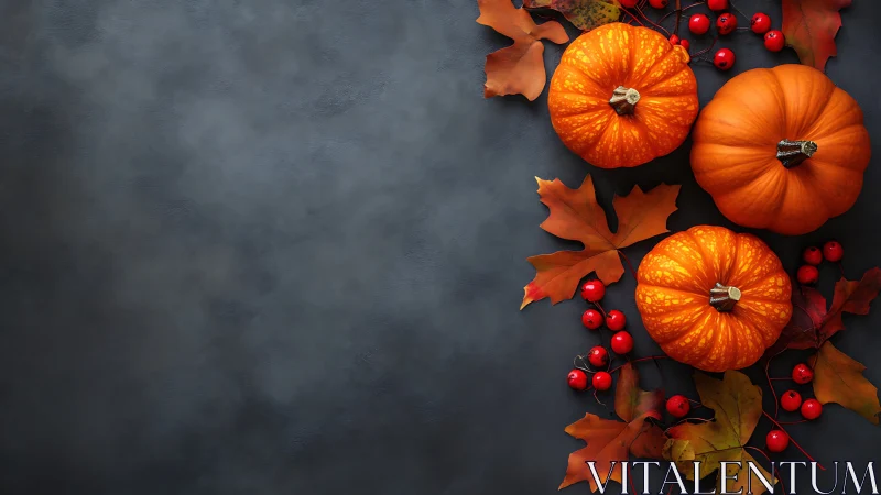 Autumn pumpkins with leaves on dark textured background.