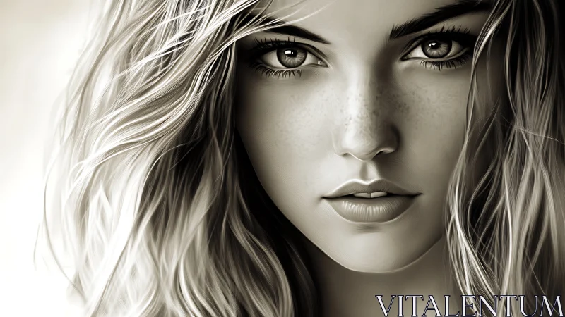 Digital portrait of young woman with detailed hair and gaze.