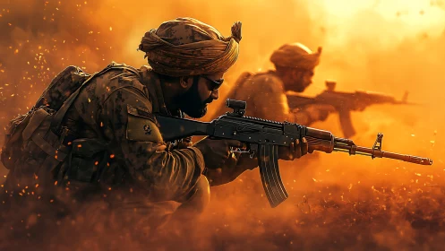 Sunlit battlefield warriors moving through ember bright haze.