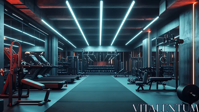 Modern weight and cardio gym interior with neon strip lighting.