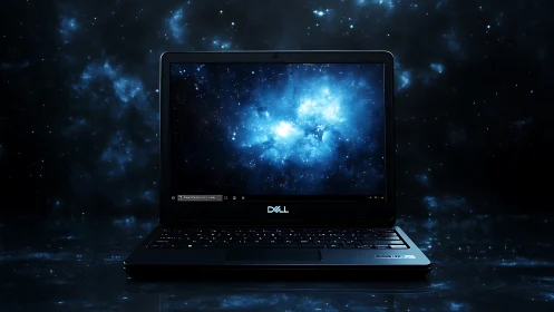 Dell laptop centrally framed against deep-space nebula backdrop