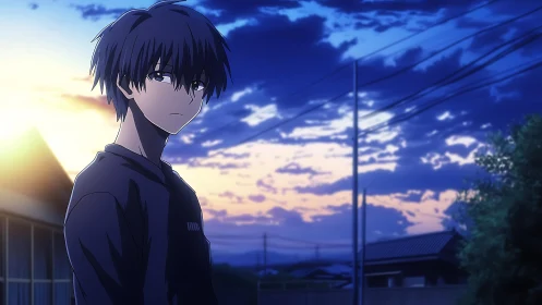 Melancholic anime boy stands in suburban street at dusk