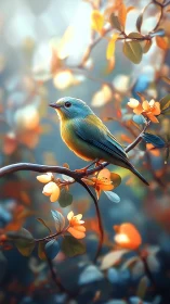 Small blue-yellow bird on flowering branch in soft light.