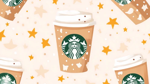 Branded takeaway coffee cups repeat across a stylized pattern