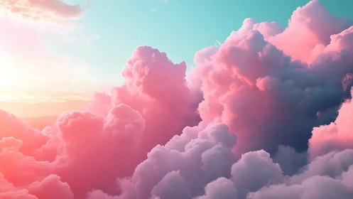 Surreal pink cloudscape under glowing turquoise sky.