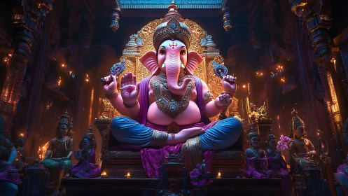 Majestic Ganesha statue glows amid ornate temple lights.
