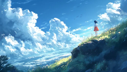 Girl on sunlit hilltop under vast blue summer sky.