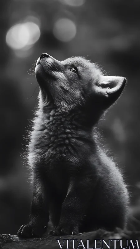 Fox cub sits upright and looks upward in soft light