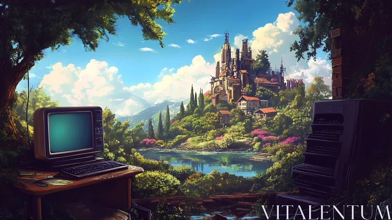 Retro terminal daydreaming toward a distant techno-citadel.