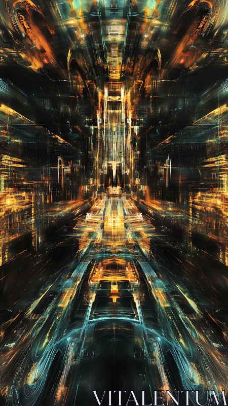 Radiant cyber corridor unfolds into a glowing digital gateway