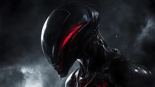 Sleek black cyborg with red visor in dark smoke field.