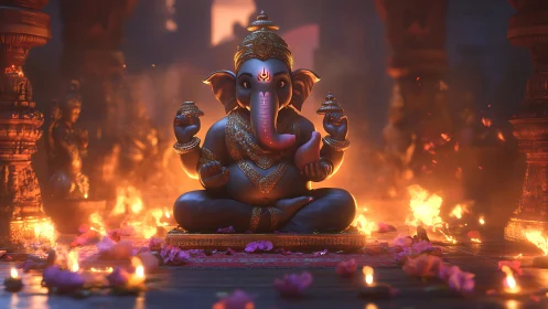 Lord Ganesha idol in temple with candles and petals.