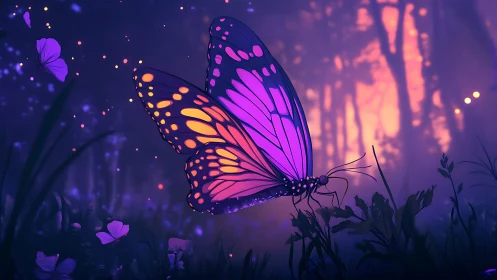 Butterfly with neon wings rests on grass in glowing forest