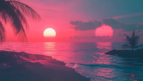 Dual neon suns illuminate stylized tropical ocean horizon