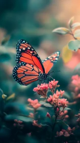 Monarch butterfly on pink blossoms in soft focus garden.