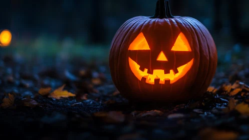 Glowing jack-o-lantern pumpkin in dark autumn forest night.