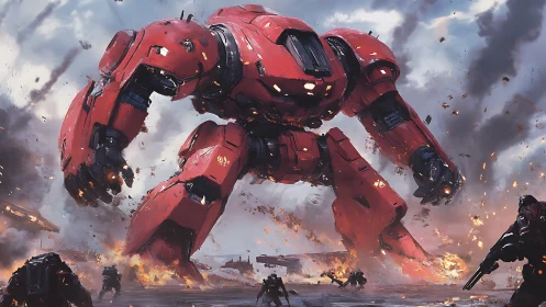 Giant red combat mech advances through burning battlefield