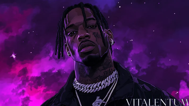 Starlit purple nebula backdrop with stoic rap figure portrait.