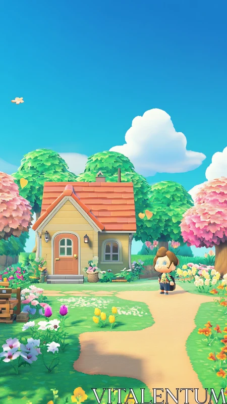 Idyllic cottage garden scene with anthropomorphic character and blooming floral landscape.