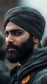 High-detail portrait of turbaned man in soft diffused daylight