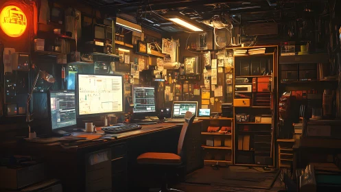 Moody hacker workspace glows with data on crowded screens